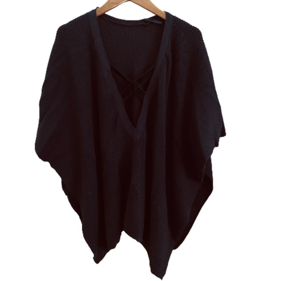LC LAUREN CONRAD Sweater Wrap Poncho Velvet Crisscross Knit Black One Size - Picture 4 of 8